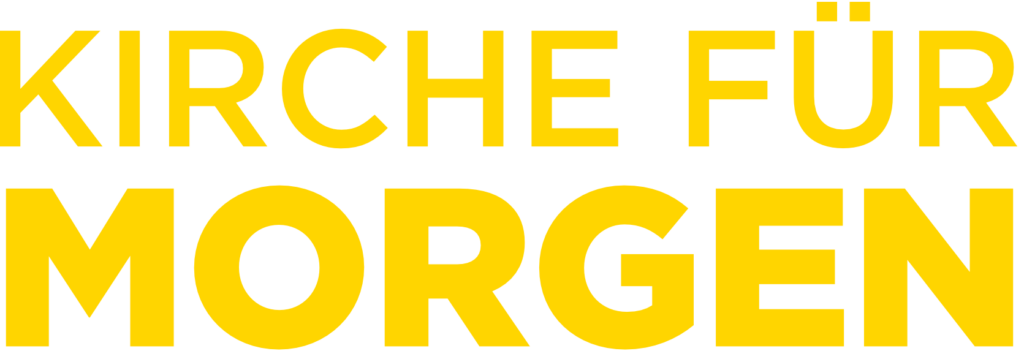 Die gelbe Schrift auf hellgrauem Hintergrund lautet KIRCHE FÜR MORGEN.