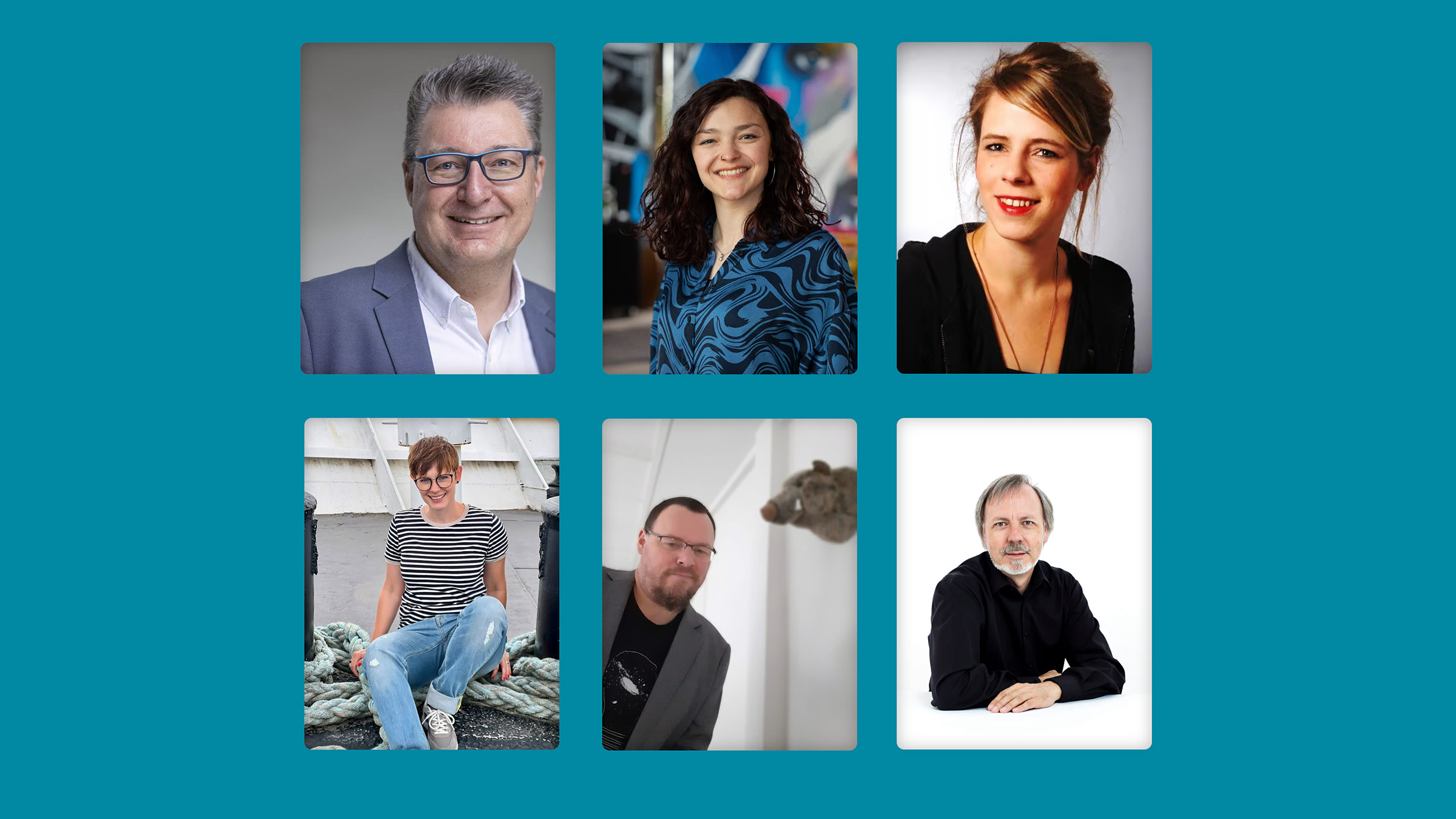 Eine Collage aus sechs professionell fotografierten Personen, drei in der oberen und drei in der unteren Reihe, die alle vor einem blauen Hintergrund lächeln.