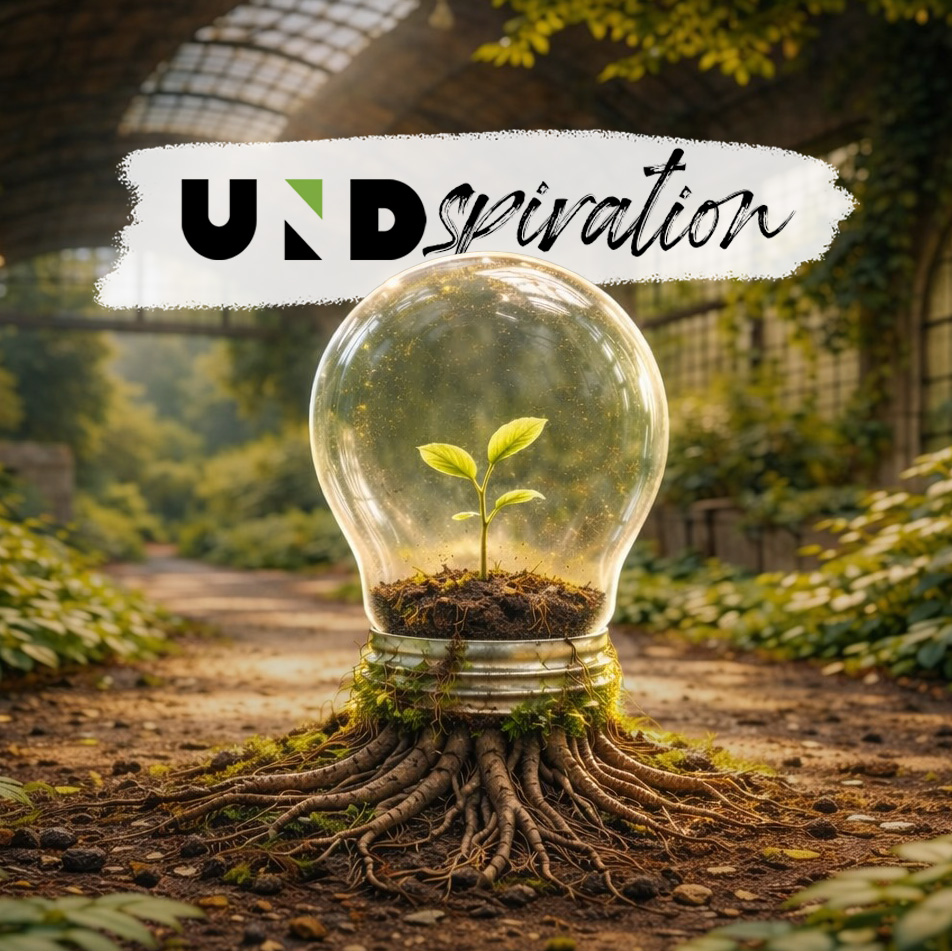 In einem sonnendurchfluteten Gewächshaus steht eine mit Erde gefüllte Glühbirne mit einer kleinen Pflanze darauf auf Baumwurzeln. Darüber steht in fetter Schreibschrift „UNDspiration“.