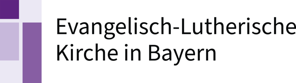 Logo der Evangelisch-Lutherischen Kirche in Bayern, mit violetten und lavendelfarbenen Quadraten neben dem Namen der Organisation in schwarzer Schrift auf weißem Hintergrund.
