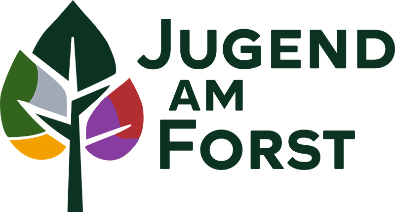 Logo mit einem stilisierten Baum mit bunten Blättern neben dem Schriftzug Jugend am Forst in fetten, dunkelgrünen Buchstaben auf weißem Hintergrund.