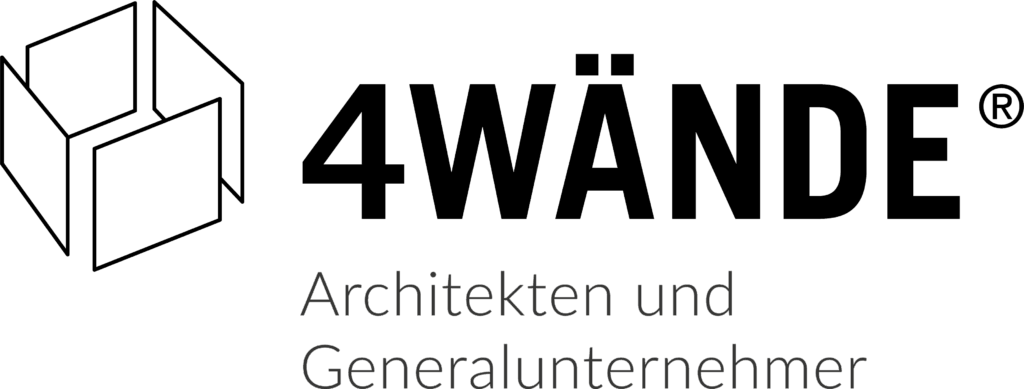 Logo mit geometrischem Würfelmuster auf der linken Seite und fettem Text 4WÄNDE® auf der rechten Seite; darunter steht in kleinerer Schrift Architekten und Generalunternehmer.