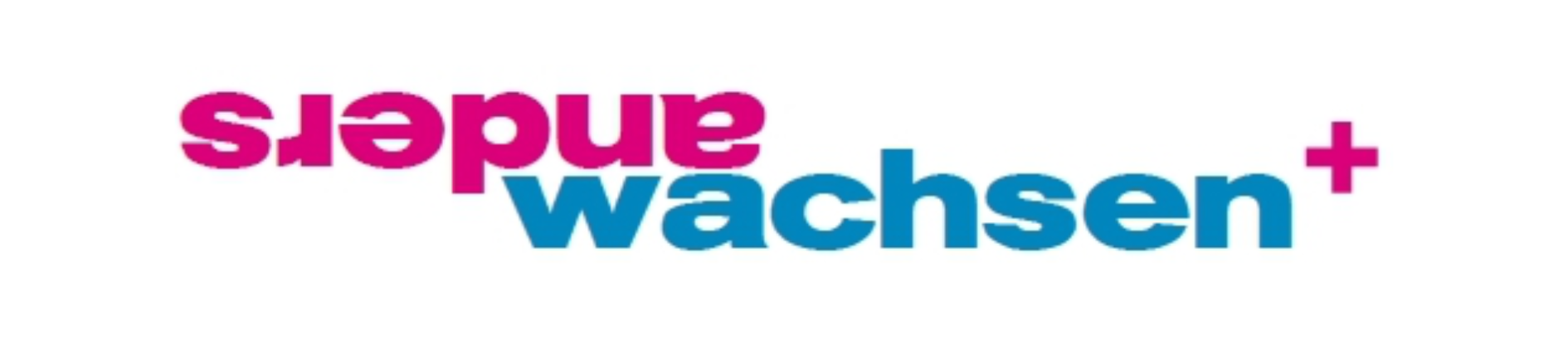 Textlogo mit dem Wort "anders" in rosa und auf dem Kopf stehend, und "wachsen+" in blau und aufrecht, auf weißem Hintergrund.