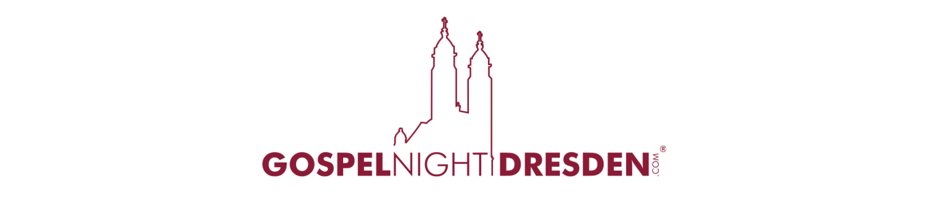 Minimalistische Strichzeichnung von zwei Kirchtürmen über dem Text GOSPEL NIGHT DRESDEN .COM in fetten kastanienbraunen Buchstaben auf weißem Hintergrund.