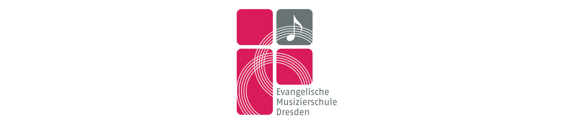 Logo der Evangelischen Musizierschule Dresden mit vier Quadraten, Notenlinien und einem Violinschlüssel in Rosa und Grau.