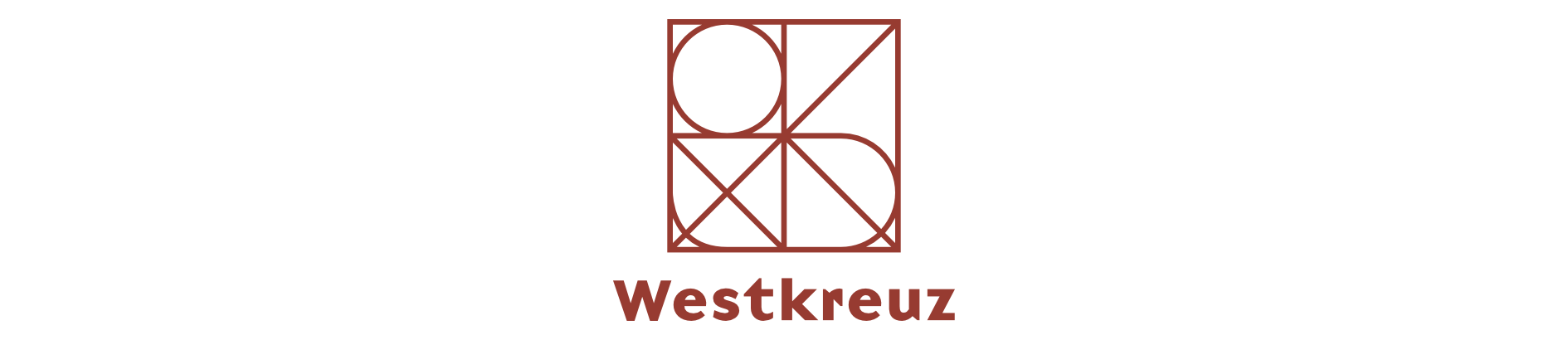 Geometrisches Logo mit Kreisen, Dreiecken und Quadraten über dem Wort Westkreuz in fetten, braunen Buchstaben auf weißem Hintergrund.