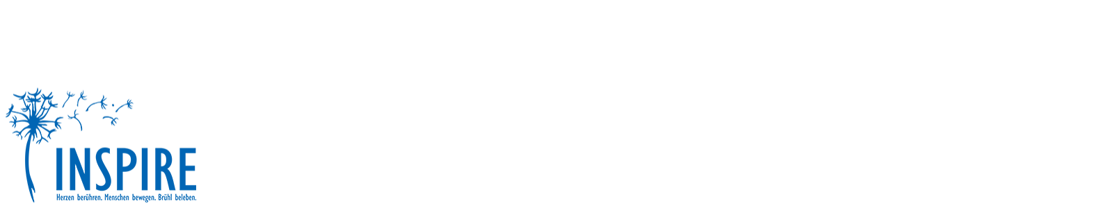 Blaues Löwenzahn-Logo mit dem Wort INSPIRE und kleinerem Text darunter auf weißem Hintergrund; Löwenzahnsamen wehen nach rechts.