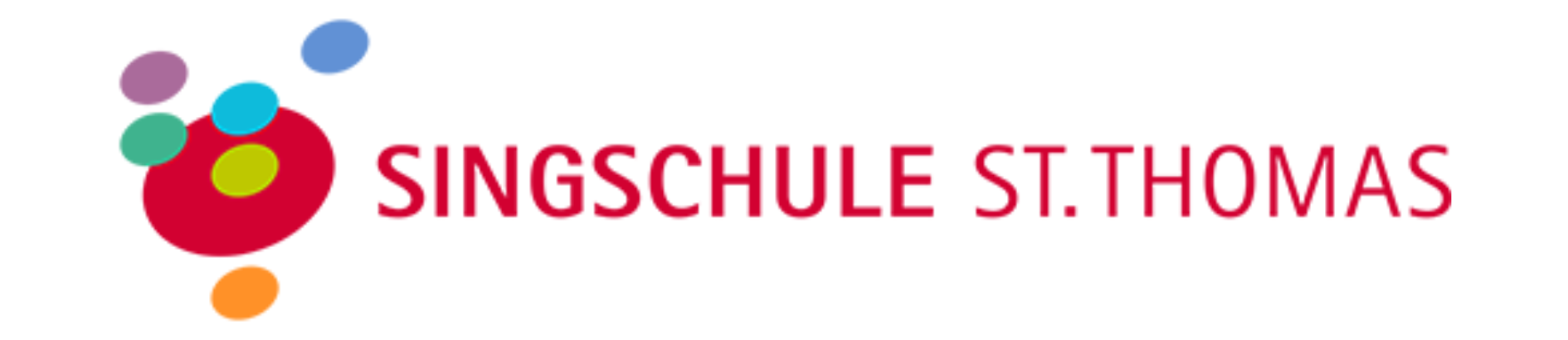 Logo mit bunten Kreisen neben dem roten Text "SINGSCHULE ST.THOMAS" auf weißem Hintergrund.