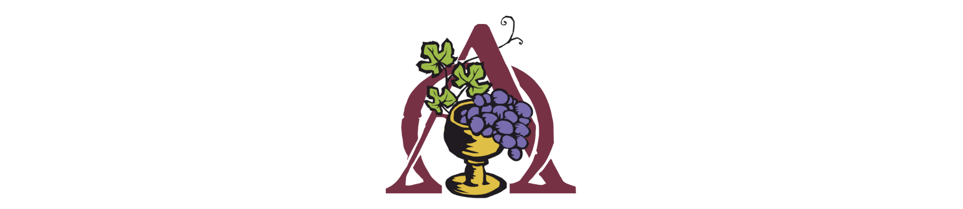 Ein stilisiertes Logo mit einem goldenen Kelch mit grünen Blättern und violetten Trauben, überlagert von kastanienbraunen griechischen Buchstaben Alpha und Omega.