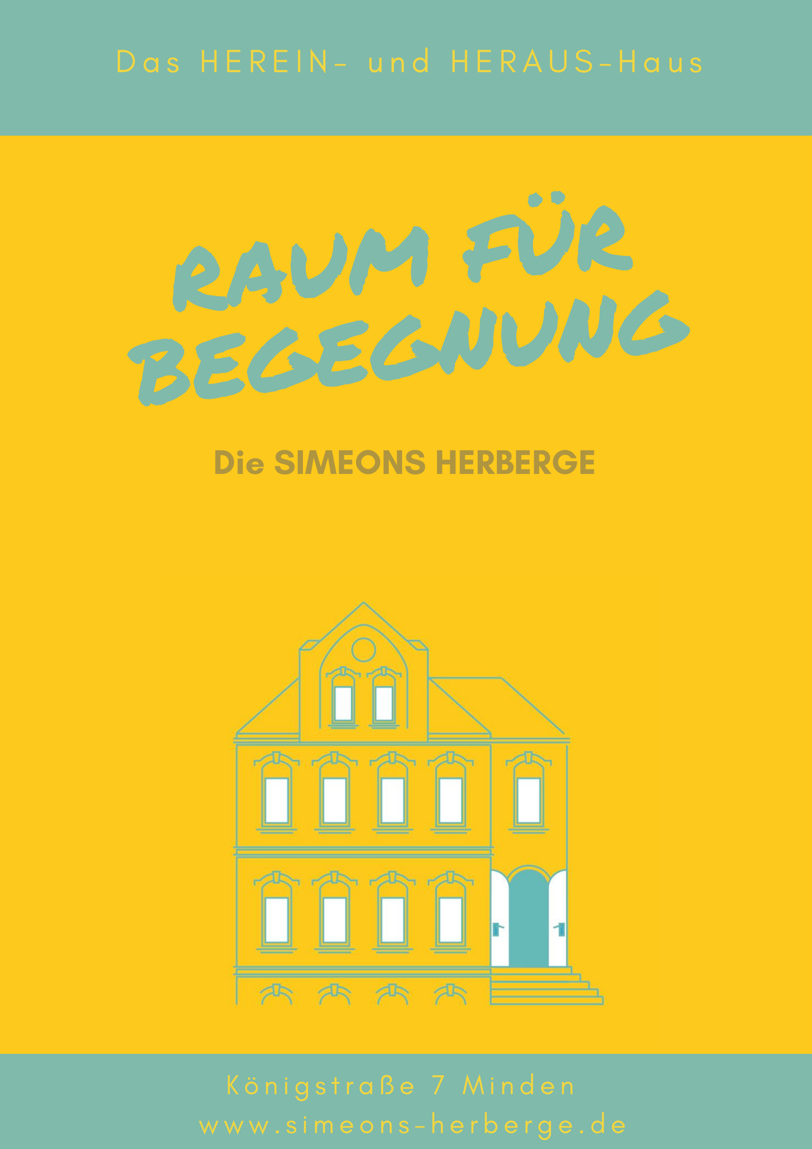 Gelbe Illustration eines Hauses auf orangefarbenem Hintergrund mit deutschem Text über Simeons Herberge, einschließlich Adresse und Website, der für einen Raum der Begegnung wirbt.