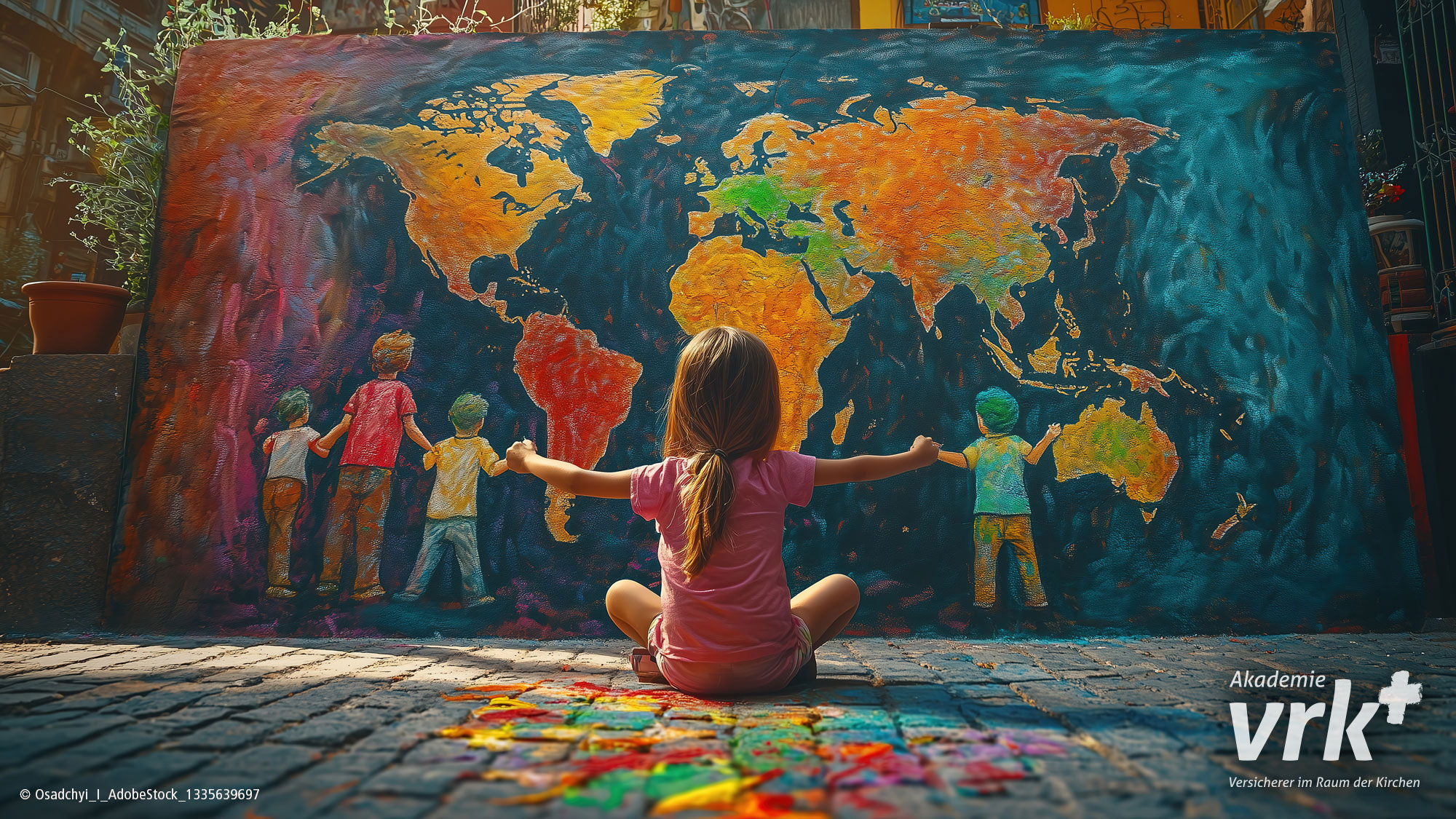 Ein Kind sitzt mit ausgestreckten Armen auf Pflastersteinen und blickt auf eine bunt gemalte Weltkarte mit vier anderen Kindern, die verschiedene Kontinente berühren.