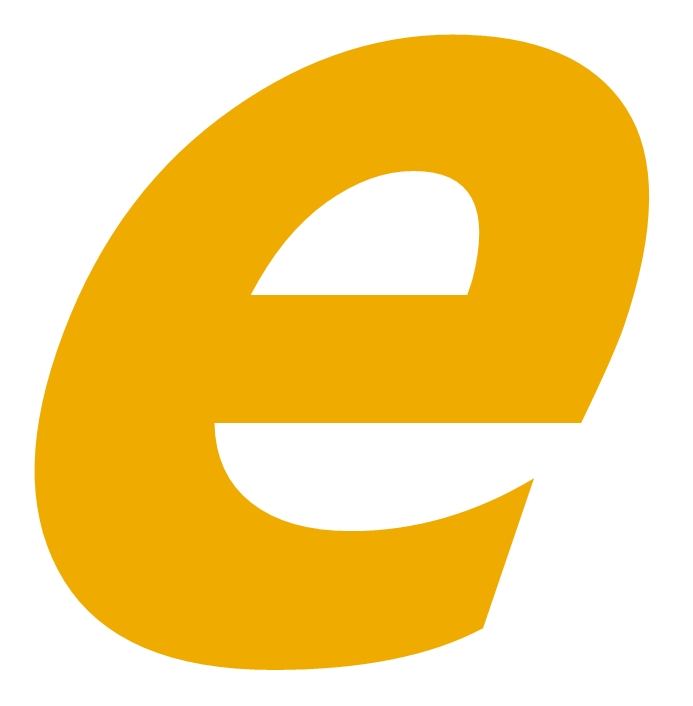 Ein großer, fetter Kleinbuchstabe e in goldgelber Farbe auf weißem Hintergrund.