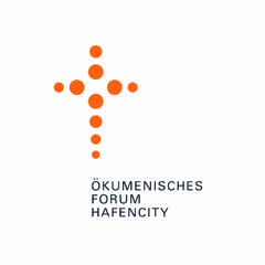 Orangefarbene Punkte in Form eines Kreuzes über dem Text Ökumenisches Forum HafenCity auf weißem Hintergrund.