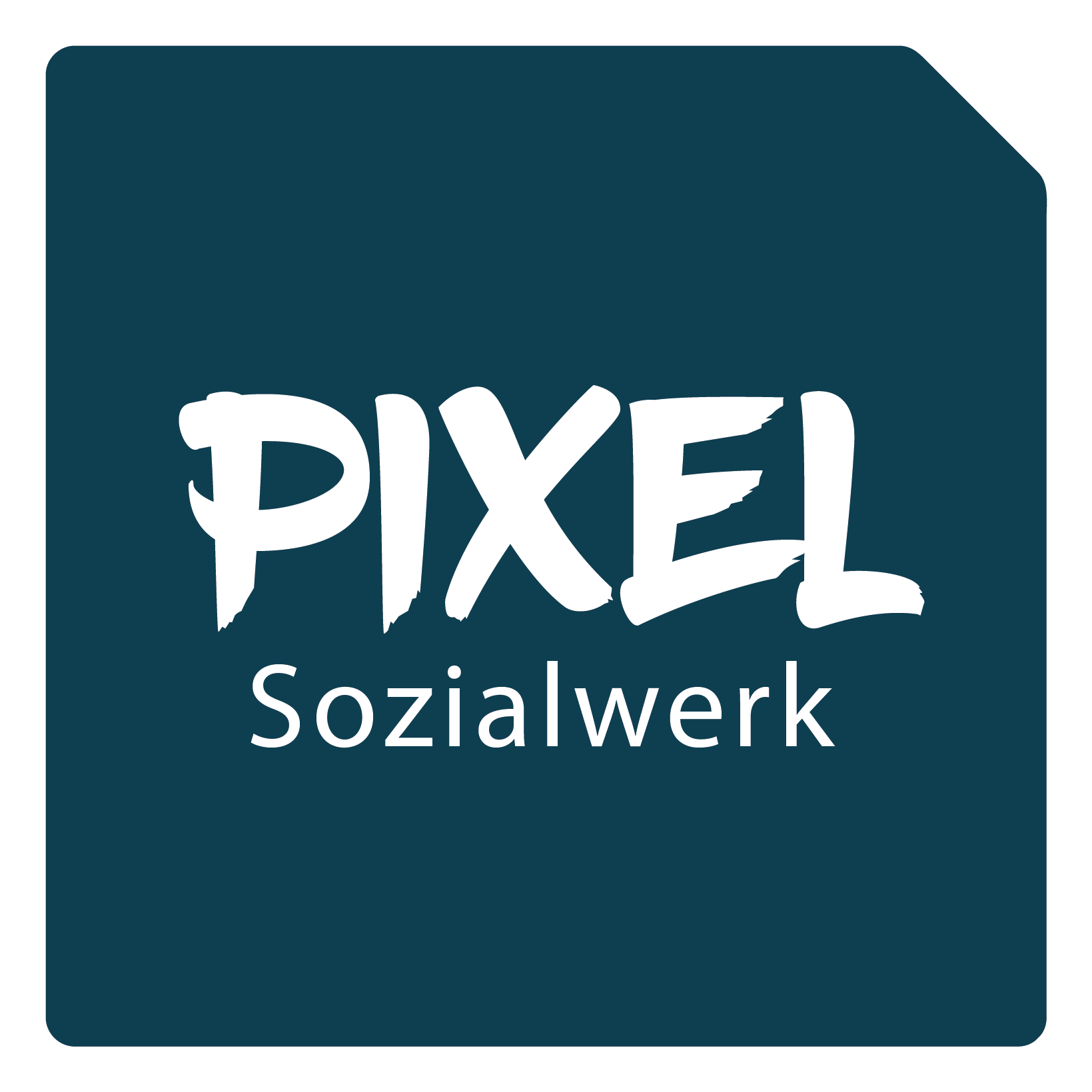 Logo mit dem Schriftzug PIXEL Sozialwerk in weißer fetter und normaler Schrift auf dunkelgrünem Hintergrund mit abgerundeten Ecken.