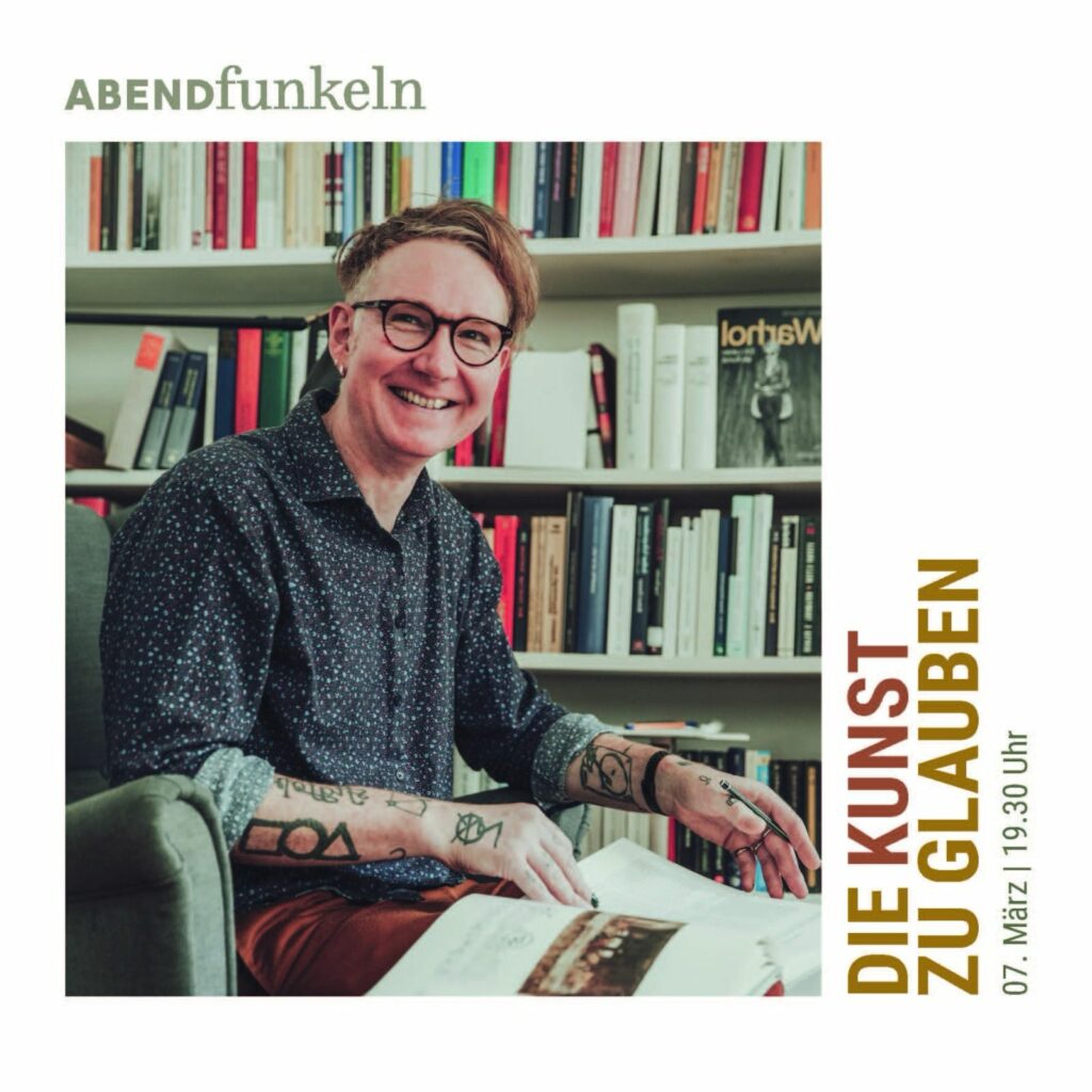 Person liest Buch in Bibliothek für Kunst-Vortragsposter