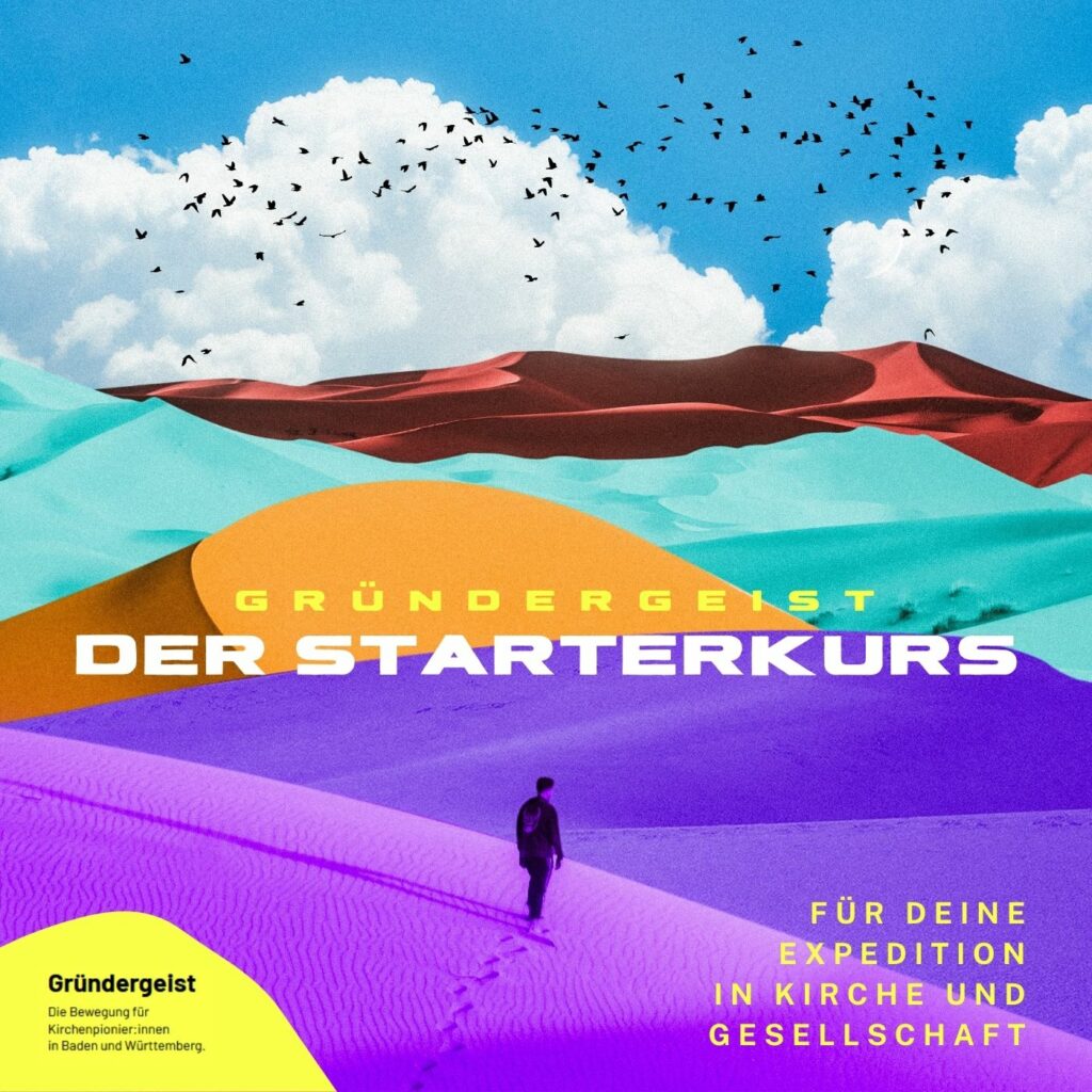 Bunte Landschaft mit Person und Text Gründergeist Kurs