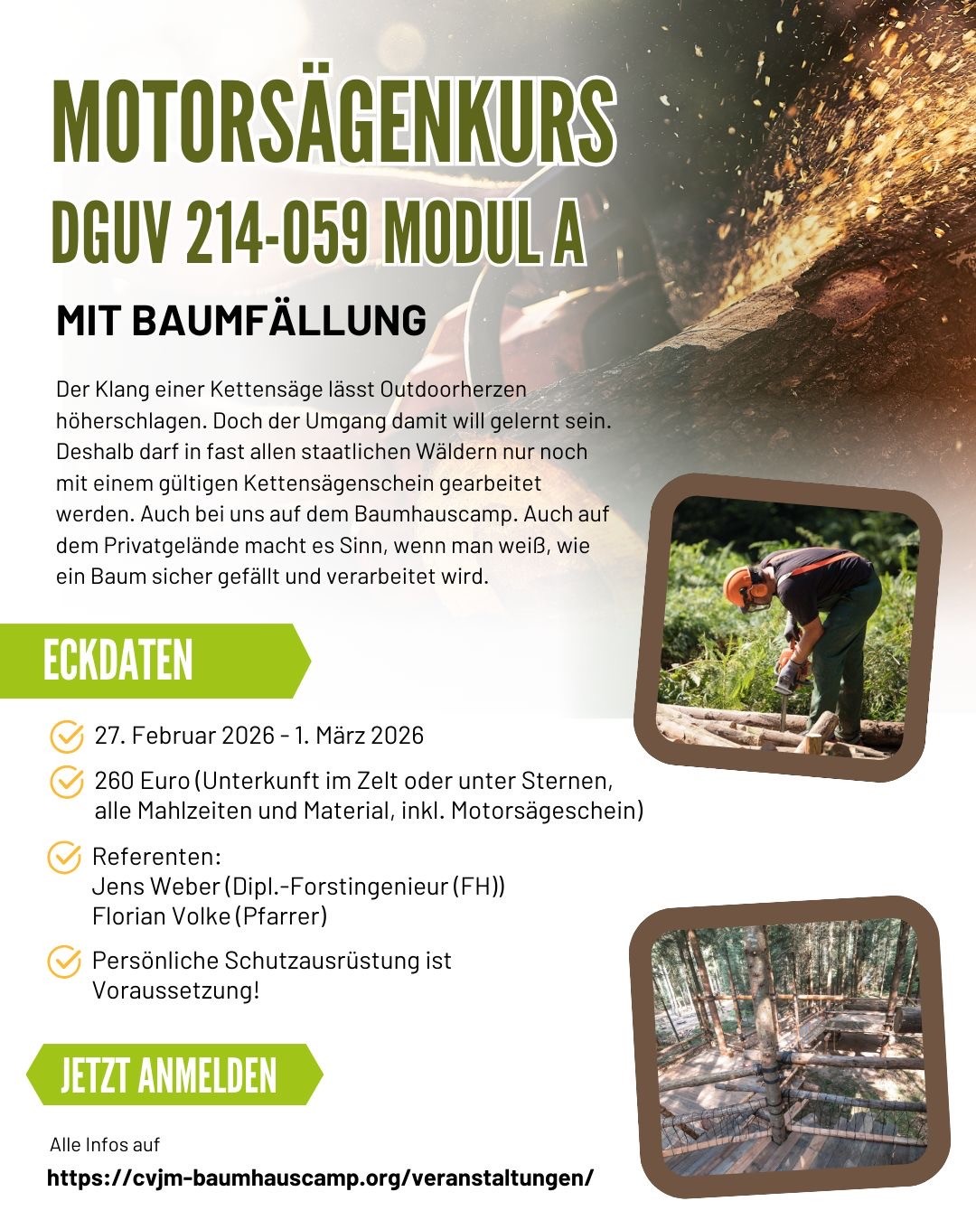 Flyer für einen Kettensägenkurs mit Baumfällung, mit Angaben zu Terminen, Kosten, Ausbildern, erforderlichen Qualifikationen und einem Anmeldebutton am Ende.