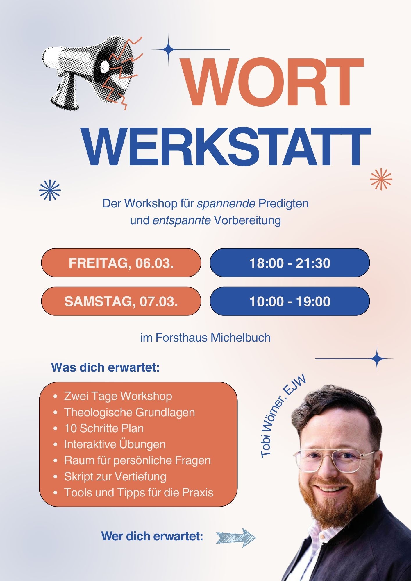 Flyer für die Wort Werkstatt mit Daten, Zeiten, Details und dem Bild eines lächelnden Mannes mit Brille in der unteren rechten Ecke.