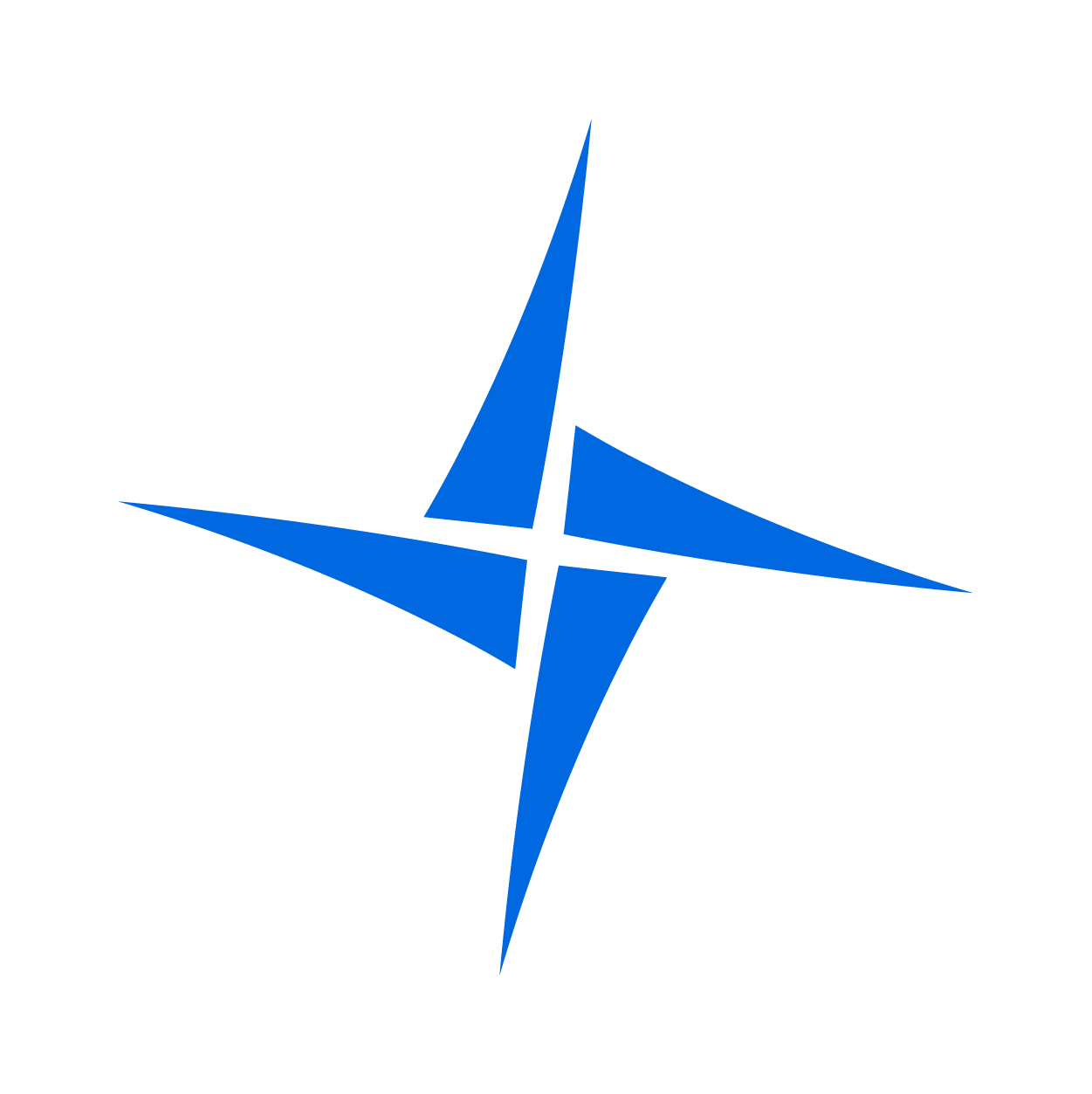 Ein blauer vierzackiger Stern mit länglichen, gebogenen Armen auf weißem Hintergrund.