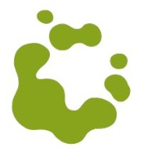 Eine grüne abstrakte Form mit runden Klecksen und Flecken auf weißem Hintergrund.